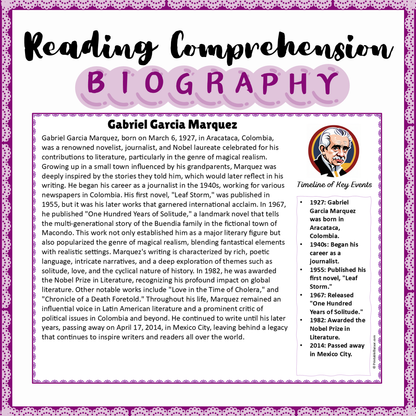 Gabriel Garcia Marquez | Biography Reading Comprehension and Questions Worksheet