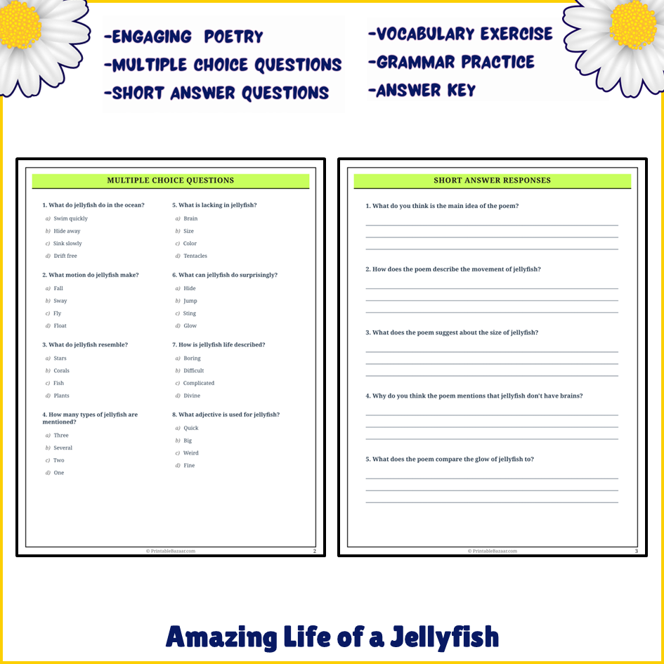 Amazing Life of a Jellyfish | Poem Grammar Worksheet Printable Activity