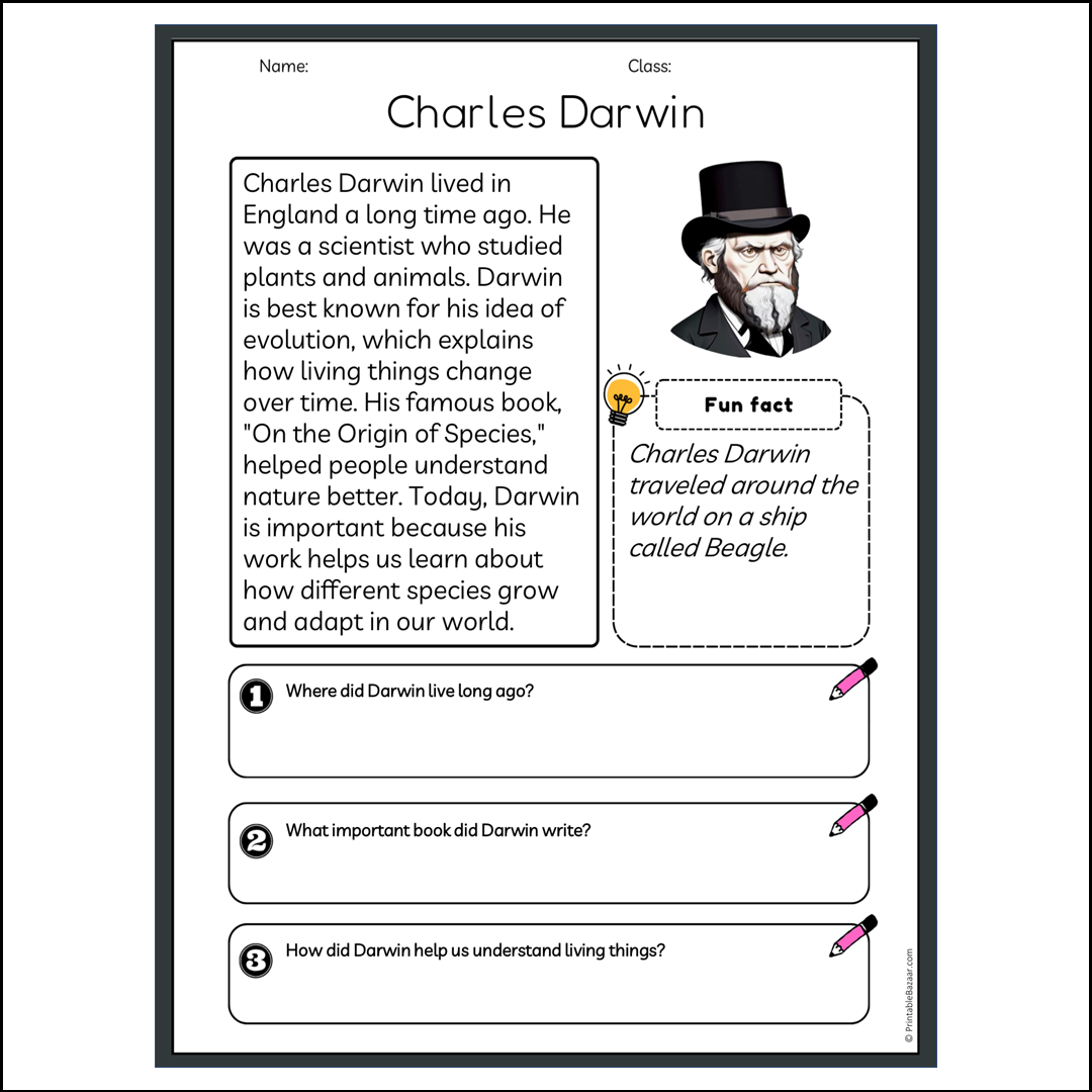 Charles Darwin | Reading Passage Comprehension Questions Writing Facts Worksheet