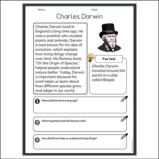 Charles Darwin | Reading Passage Comprehension Questions Writing Facts Worksheet