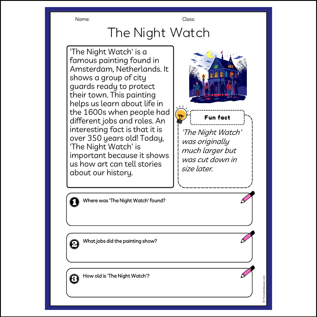 The Night Watch | Reading Passage Comprehension Questions Writing Facts Worksheet