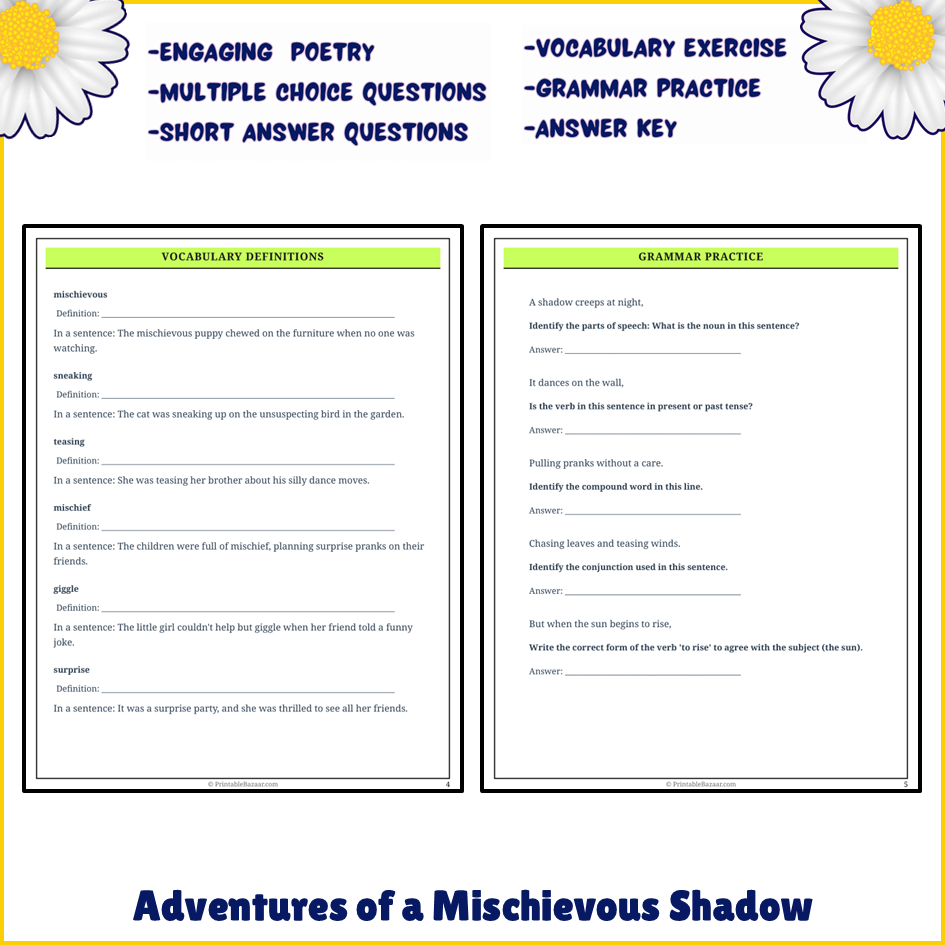 Adventures of a Mischievous Shadow | Poem Grammar Worksheet Printable Activity