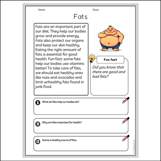 Fats | Reading Passage Comprehension Questions Writing Facts Worksheet