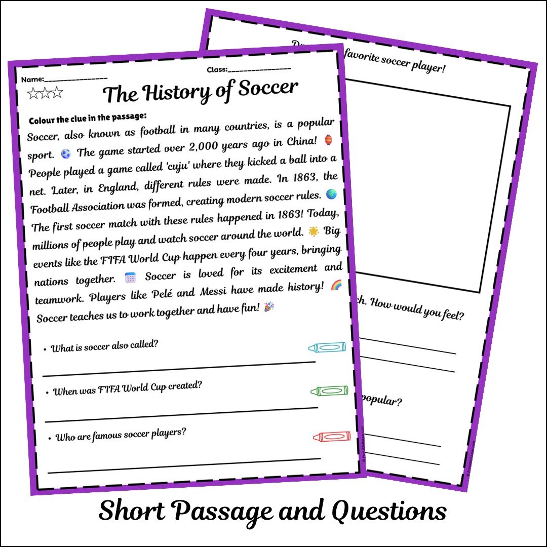 The History of Soccer | Short Reading Comprehension Creative Worksheet