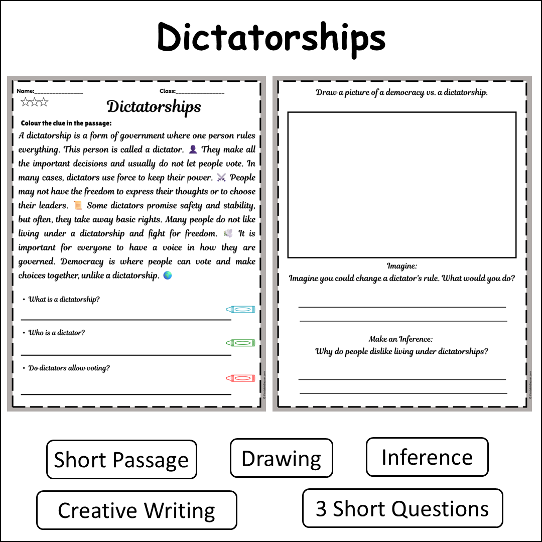 Dictatorships | Short Reading Comprehension Creative Worksheet