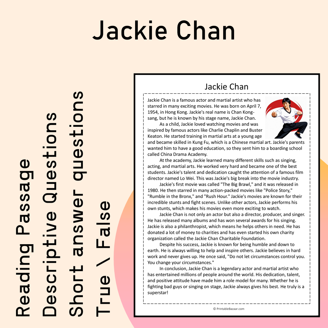 Jackie Chan | Reading Comprehension Passage Printable Activity