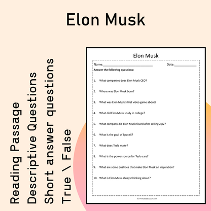 Elon Musk | Reading Comprehension Passage Printable Activity