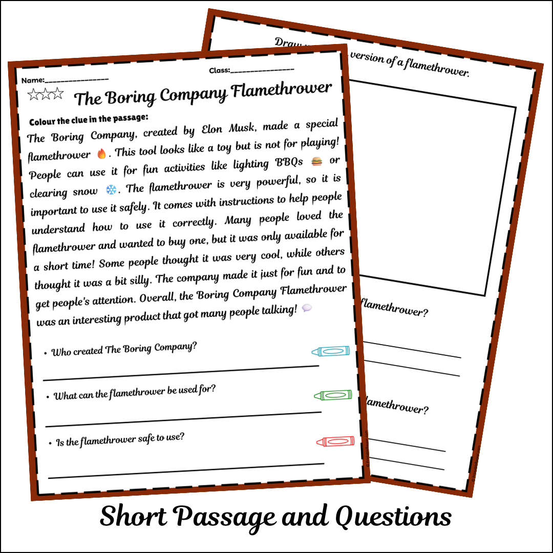 The Boring Company Flamethrower | Short Reading Comprehension Creative Worksheet