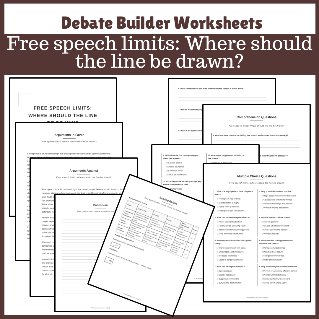 Free speech limits: Where should the line be drawn? | Favour and Against Worksheet Printable Activity