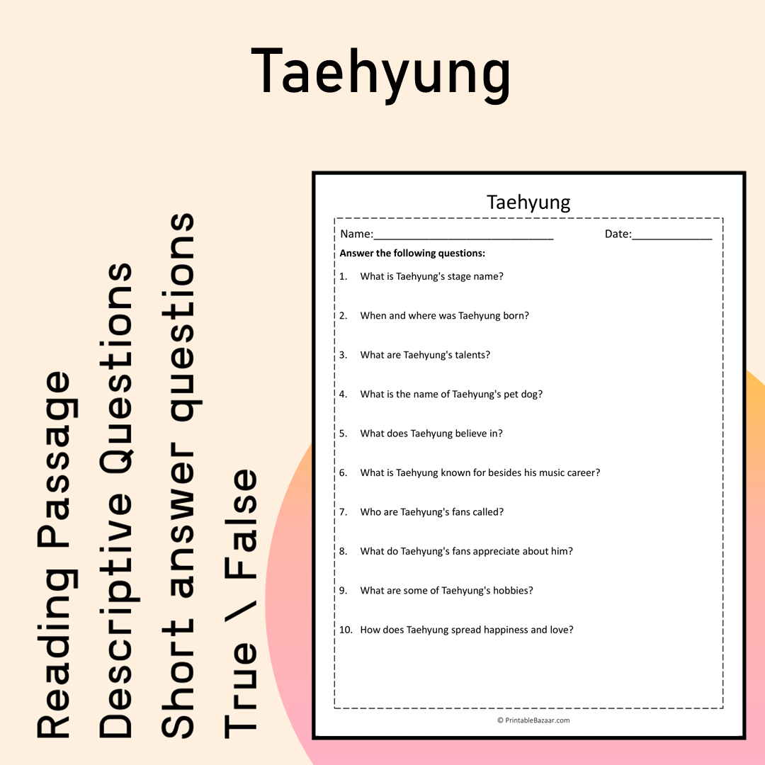 Taehyung | Reading Comprehension Passage Printable Activity