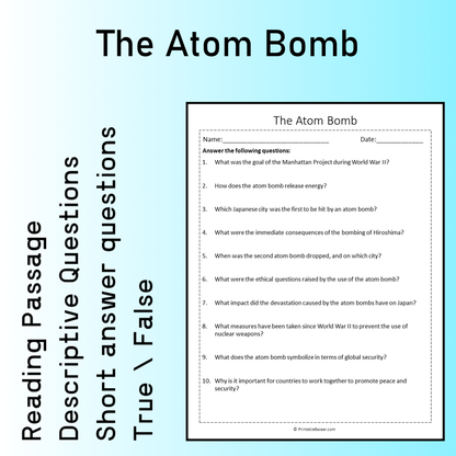 The Atom Bomb | Reading Comprehension Passage Printable Worksheet