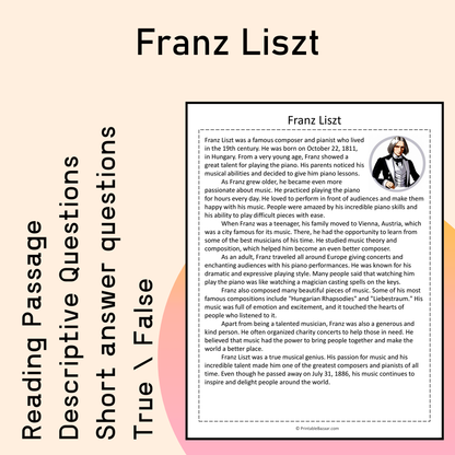 Franz Liszt | Reading Comprehension Passage Printable Activity