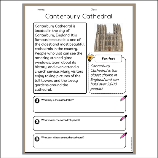 Canterbury Cathedral | Reading Passage Comprehension Questions Writing Facts Worksheet