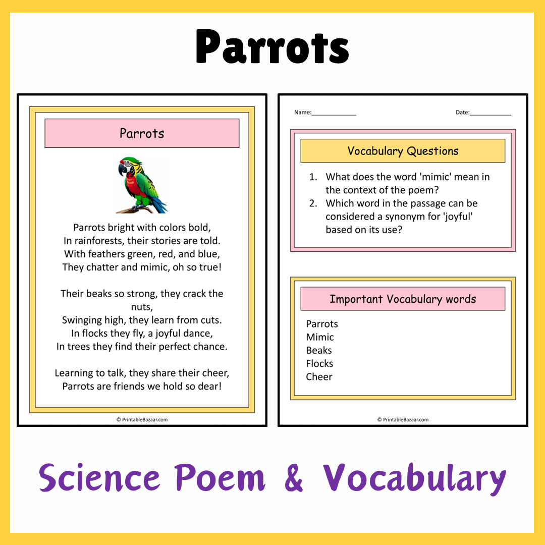 Parrots | Science Poem Reading Comprehension Activity