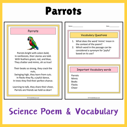 Parrots | Science Poem Reading Comprehension Activity