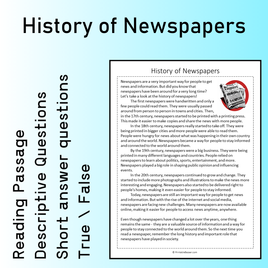 History of Newspapers | Reading Comprehension Passage Printable Worksheet