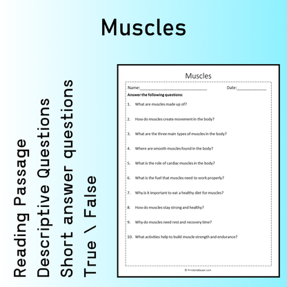 Muscles | Reading Comprehension Passage Printable Worksheet