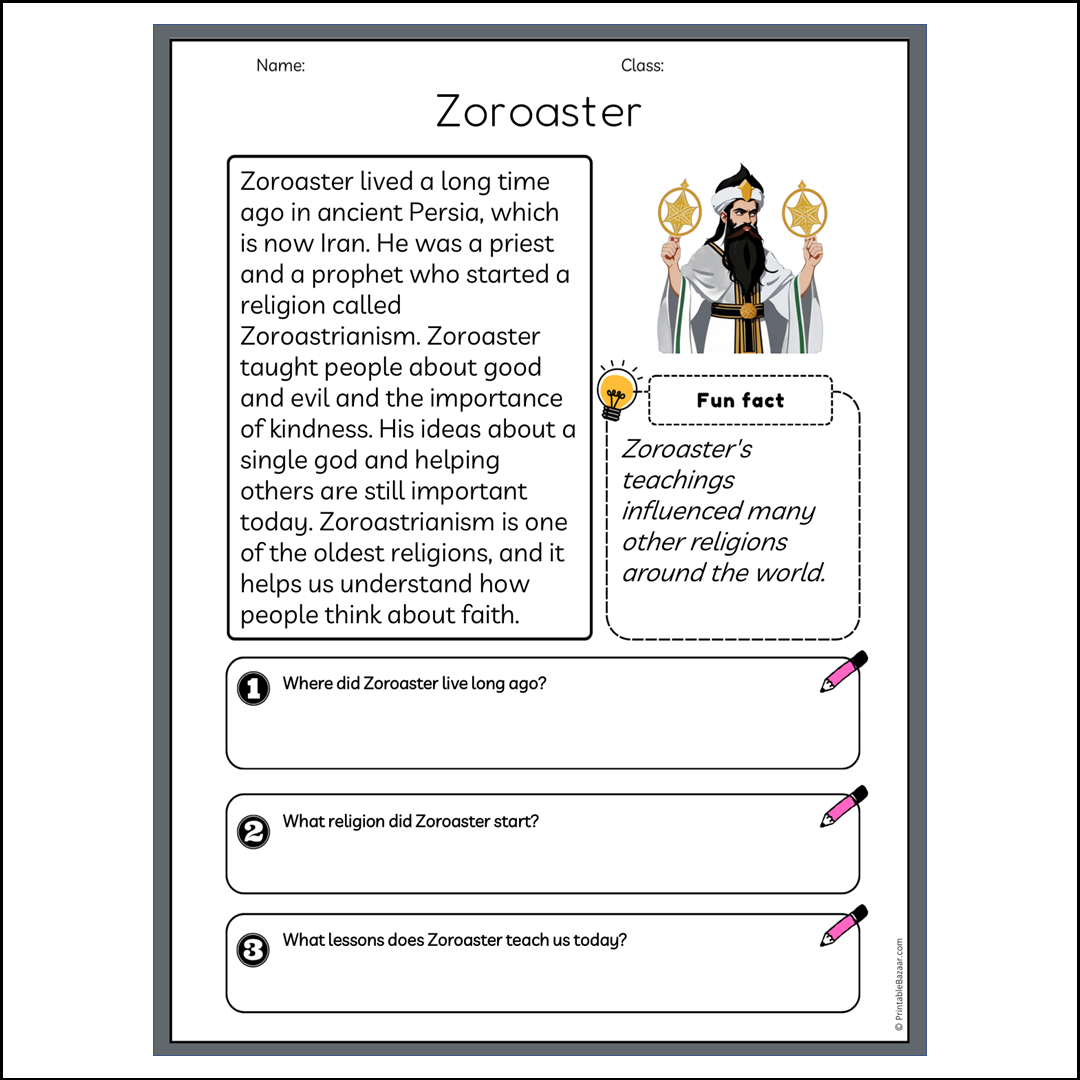 Zoroaster | Reading Passage Comprehension Questions Writing Facts Worksheet