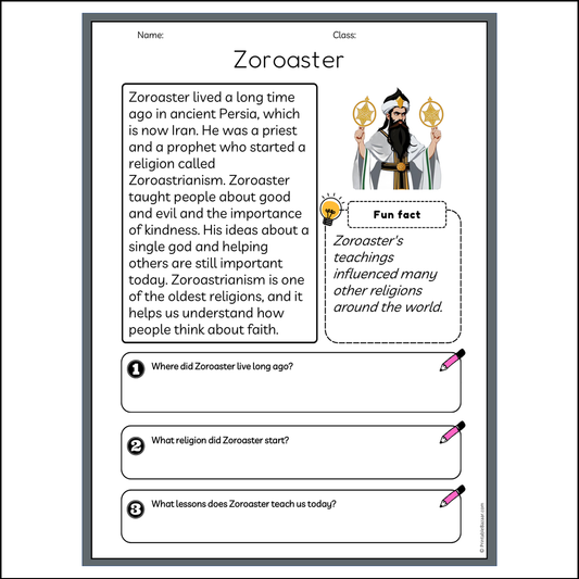 Zoroaster | Reading Passage Comprehension Questions Writing Facts Worksheet