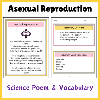 Asexual Reproduction | Science Poem Reading Comprehension Activity