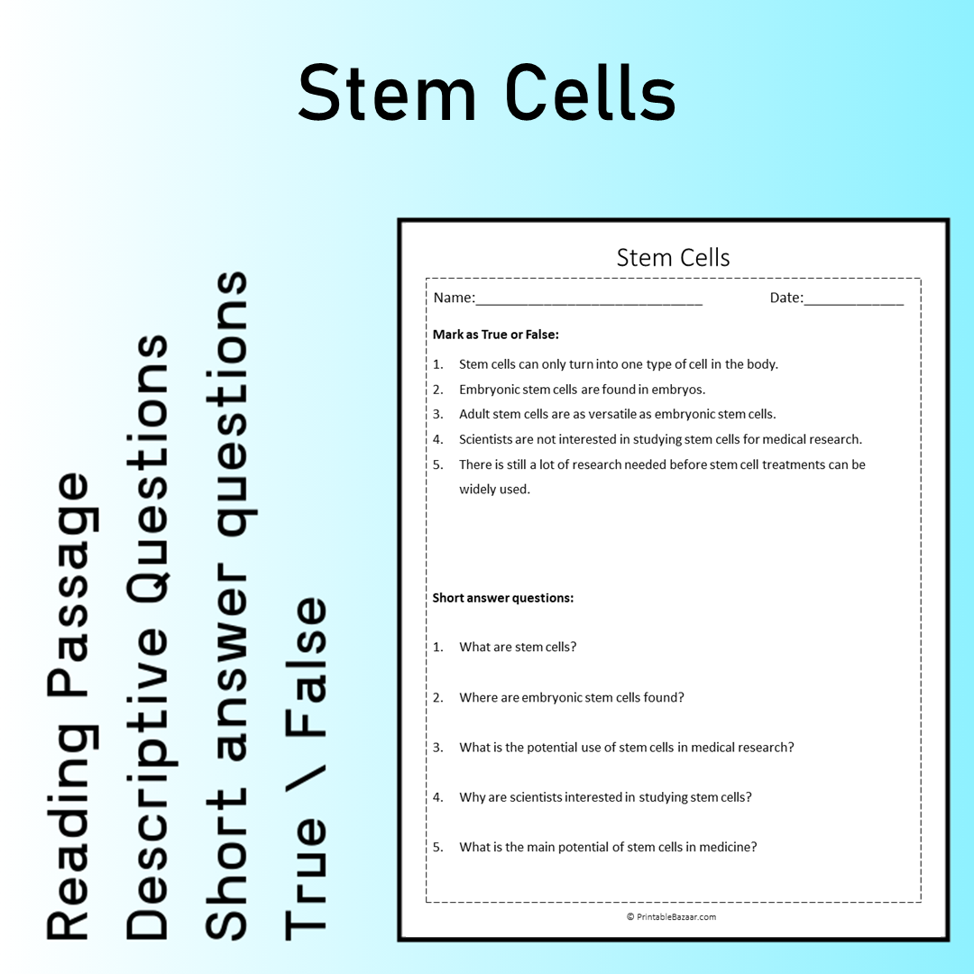 Stem Cells | Reading Comprehension Passage Printable Worksheet