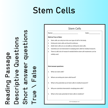Stem Cells | Reading Comprehension Passage Printable Worksheet