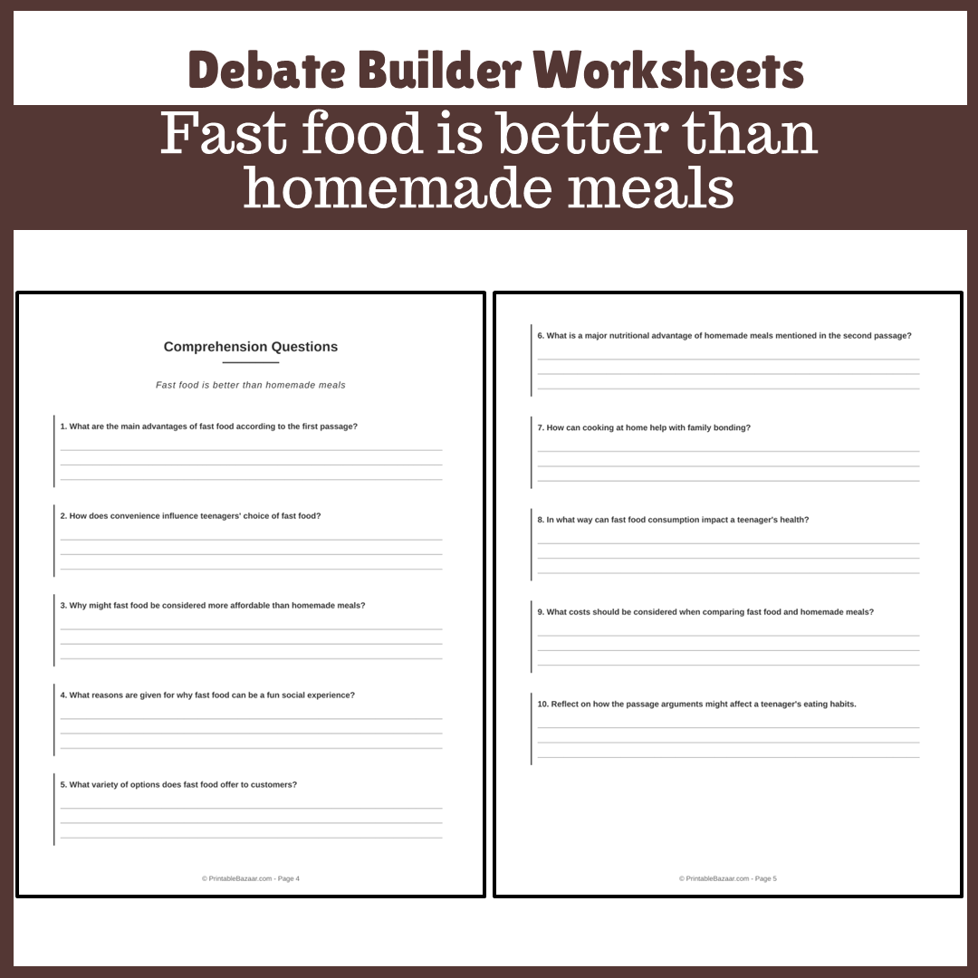 Fast food is better than homemade meals | Favour and Against Worksheet Printable Activity