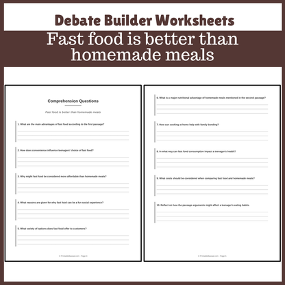 Fast food is better than homemade meals | Favour and Against Worksheet Printable Activity