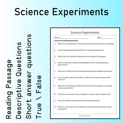 Science Experiments | Reading Comprehension Passage Printable Worksheet