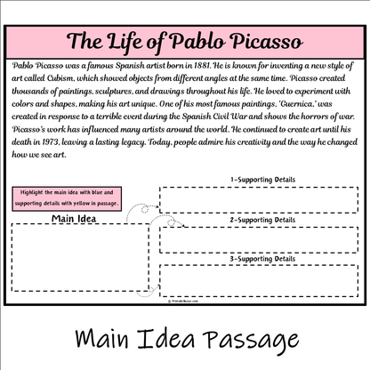 The Life of Pablo Picasso | Main Idea and Supporting Details Reading Passage and Questions