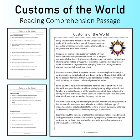 Customs of the World | Reading Comprehension Passage Printable Worksheet