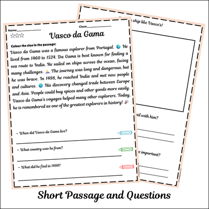 Vasco da Gama | Short Reading Comprehension Creative Worksheet