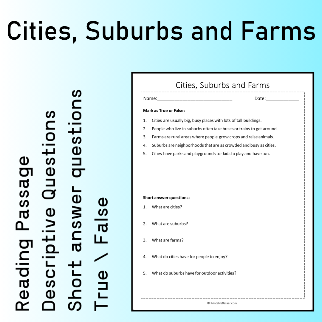 Cities, Suburbs and Farms | Reading Comprehension Passage Printable Worksheet
