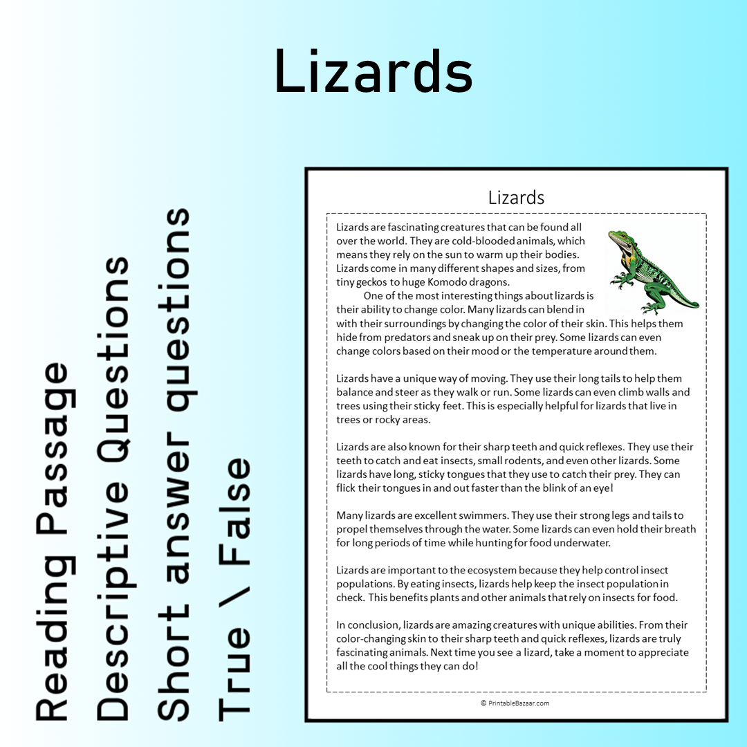 Lizards | Reading Comprehension Passage Printable Worksheet