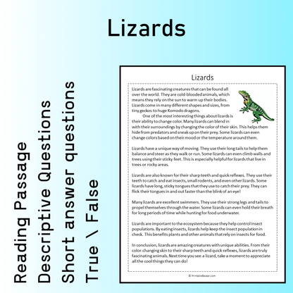 Lizards | Reading Comprehension Passage Printable Worksheet