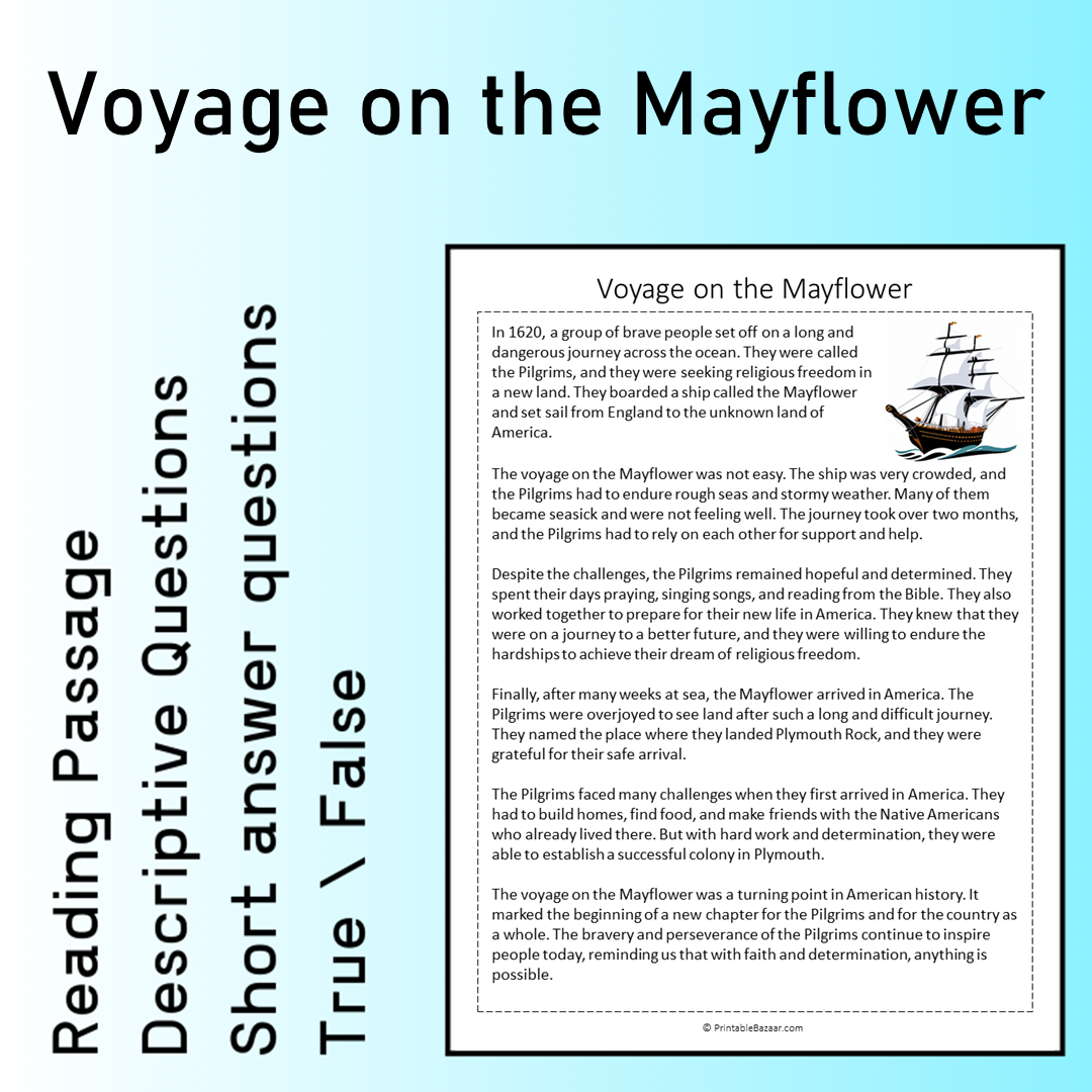 Voyage on the Mayflower | Reading Comprehension Passage Printable Worksheet