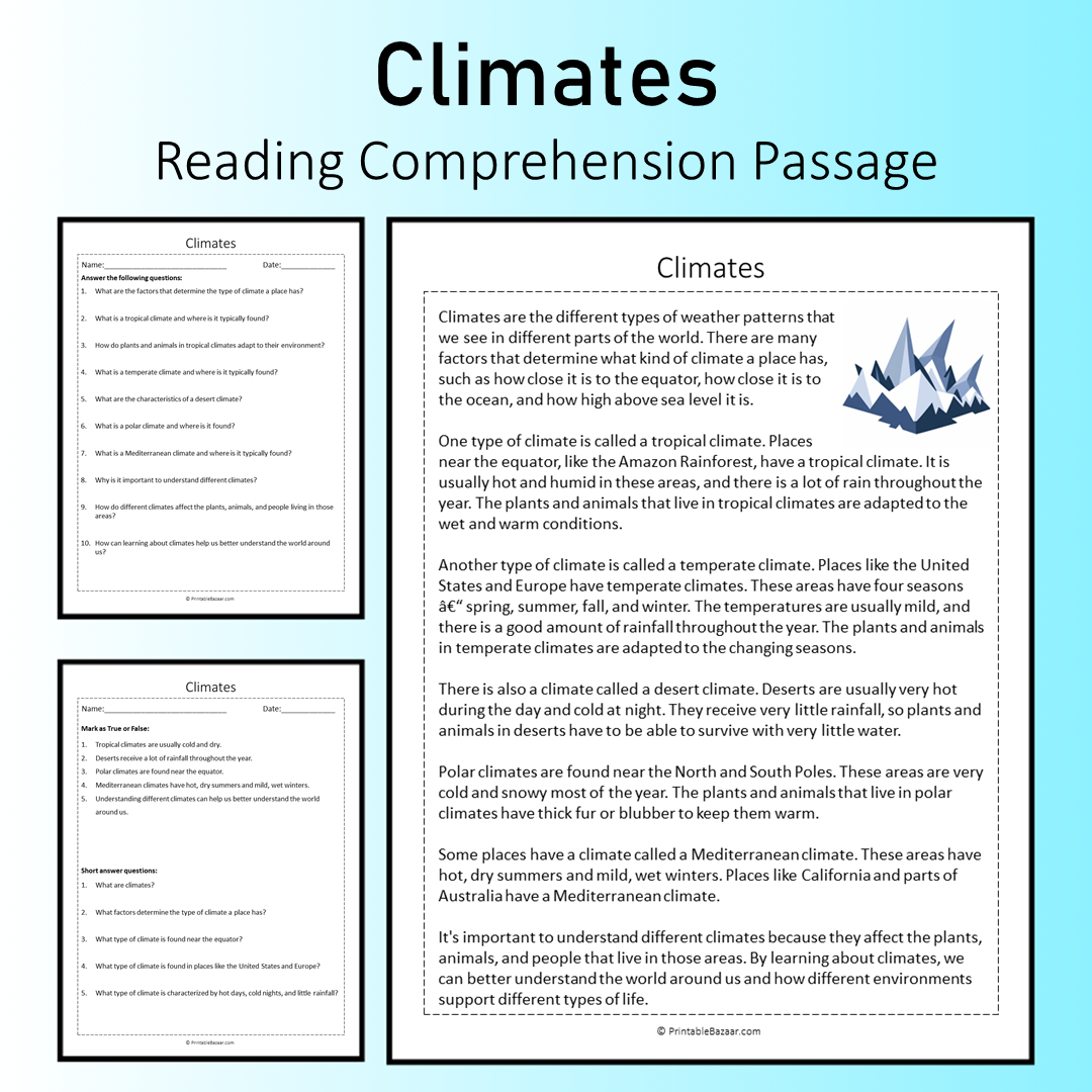 Climates | Reading Comprehension Passage Printable Worksheet