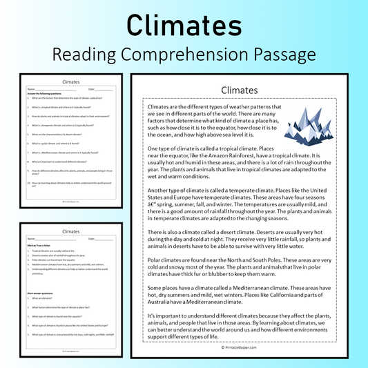 Climates | Reading Comprehension Passage Printable Worksheet