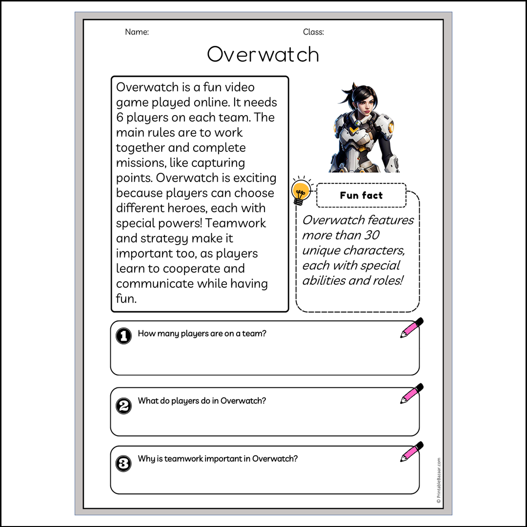 Overwatch | Reading Passage Comprehension Questions Writing Facts Worksheet