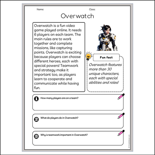 Overwatch | Reading Passage Comprehension Questions Writing Facts Worksheet