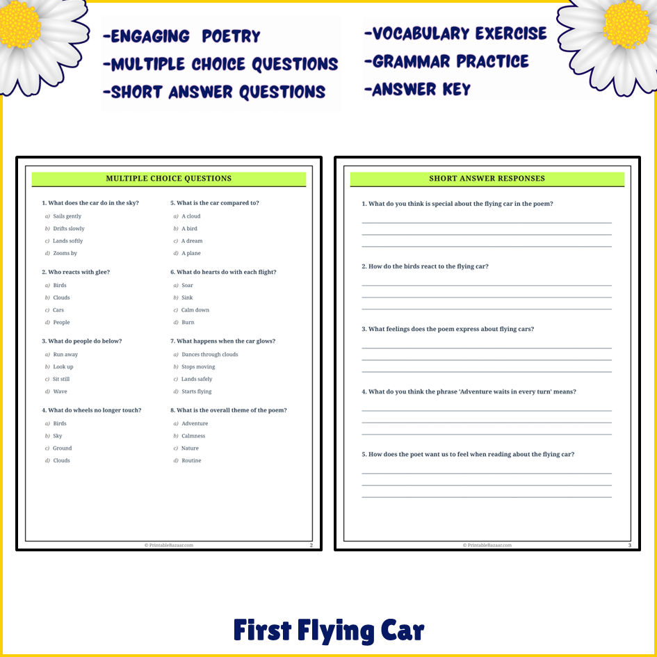 First Flying Car | Poem Grammar Worksheet Printable Activity