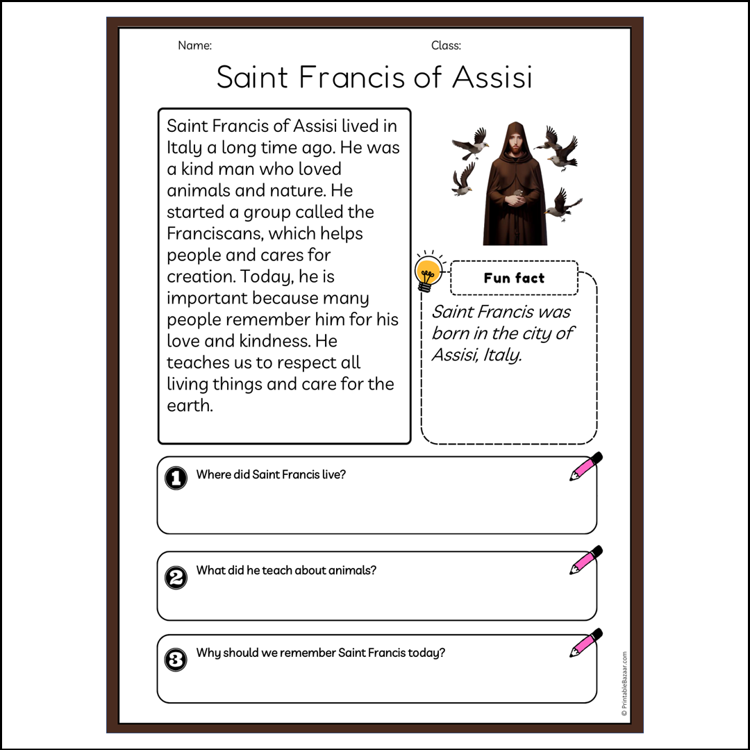 Saint Francis of Assisi | Reading Passage Comprehension Questions Writing Facts Worksheet