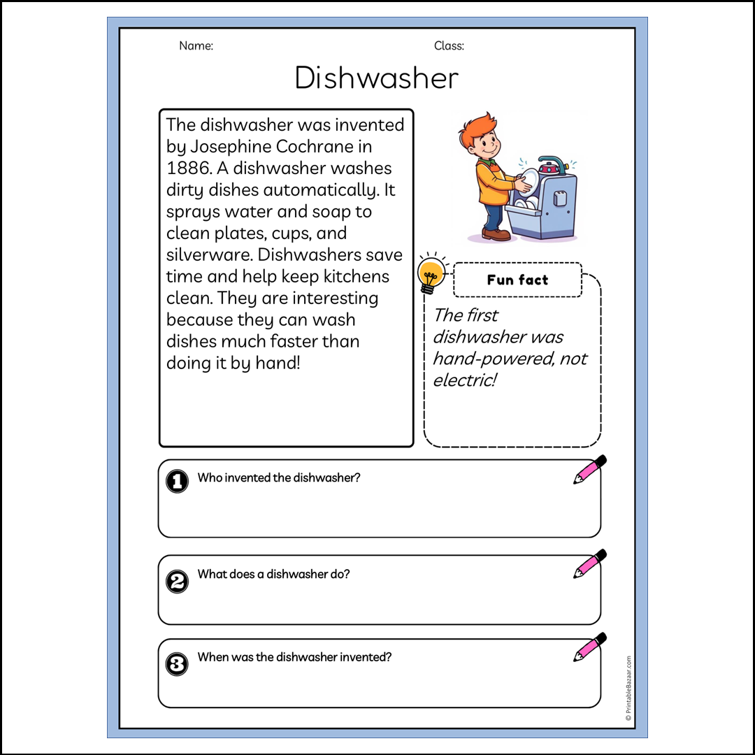 Dishwasher | Reading Passage Comprehension Questions Writing Facts Worksheet