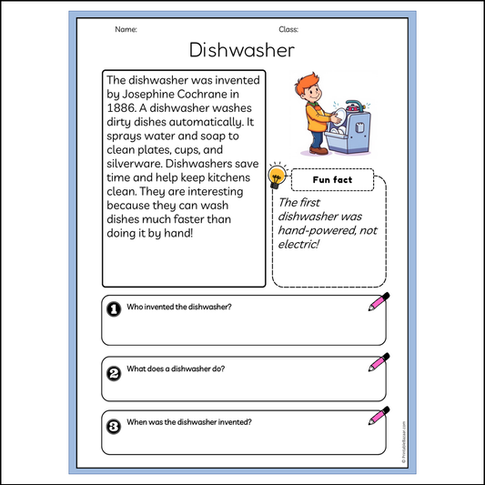 Dishwasher | Reading Passage Comprehension Questions Writing Facts Worksheet