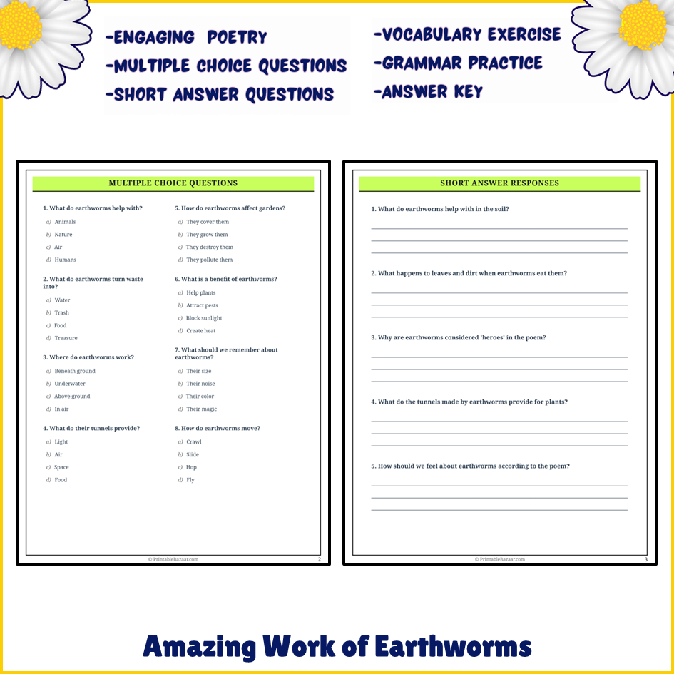 Amazing Work of Earthworms | Poem Grammar Worksheet Printable Activity