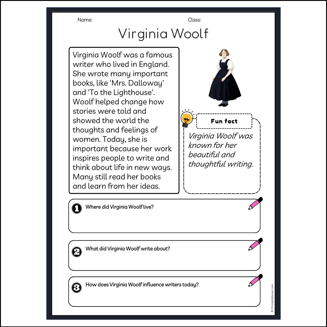 Virginia Woolf | Reading Passage Comprehension Questions Writing Facts Worksheet