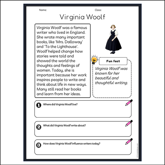 Virginia Woolf | Reading Passage Comprehension Questions Writing Facts Worksheet