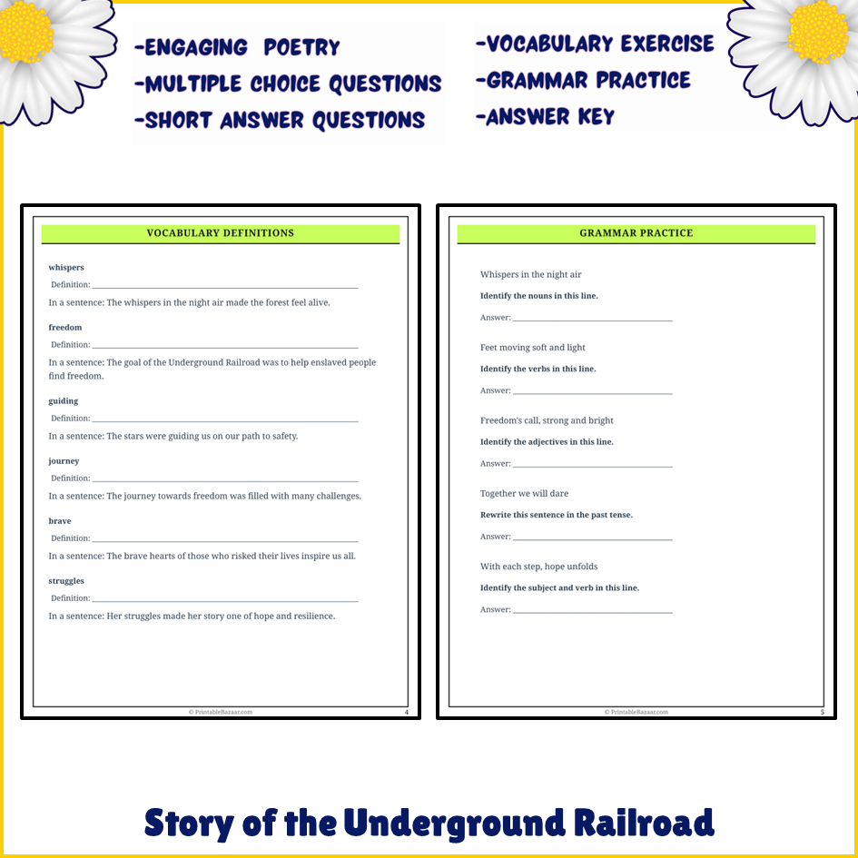 Story of the Underground Railroad | Poem Grammar Worksheet Printable Activity