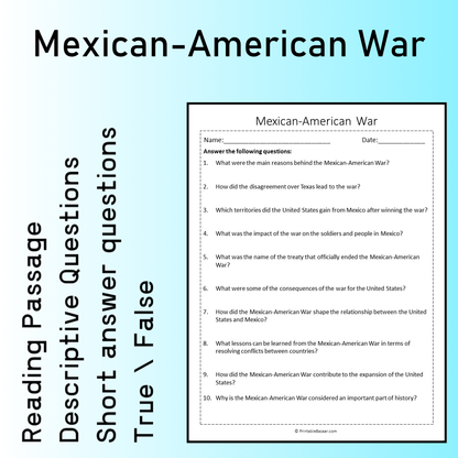 Mexican-American War | Reading Comprehension Passage Printable Worksheet