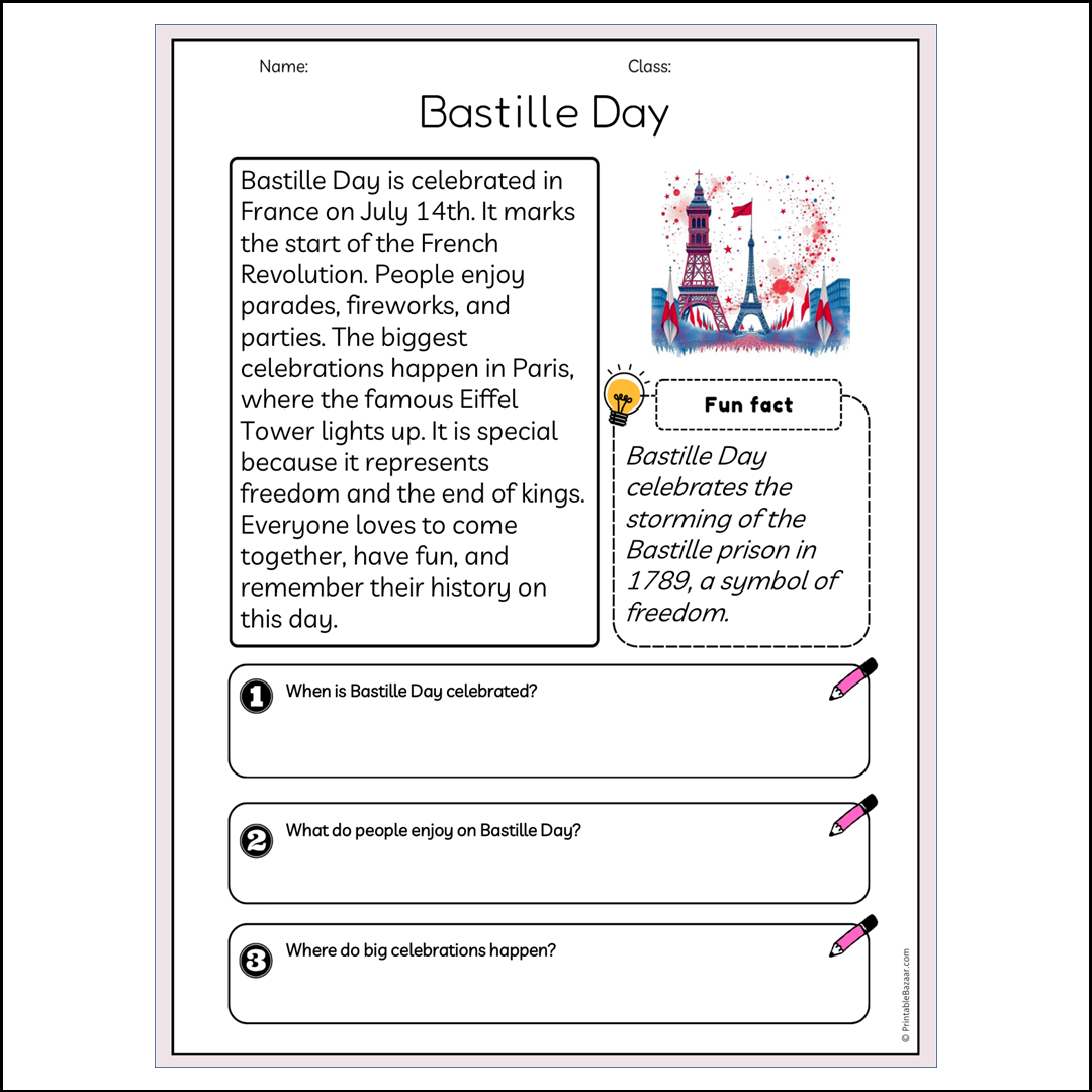 Bastille Day | Reading Passage Comprehension Questions Writing Facts Worksheet